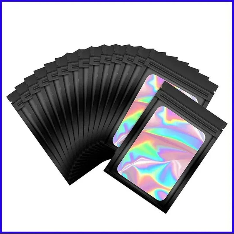 50pcs Thick Smell-Proof Mylar Bags – Holographic Laser Color Plastic Packaging Pouch, Zip Lock for Jewelry & Gifts
