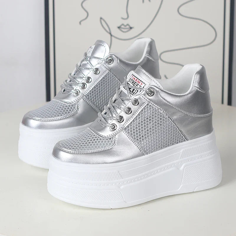 Women’s Genuine Leather Platform Sneakers – 12CM Wedge Casual Breathable Hidden Heel Zapatillas Mujer