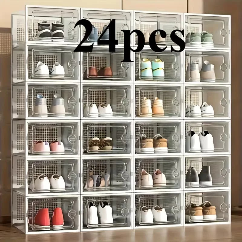 6/12/24PCS Transparent Shoe Boxes – Foldable, Stackable Plastic Shoe Storage Rack with Thick Tape Cover, Space-Saving Organizer