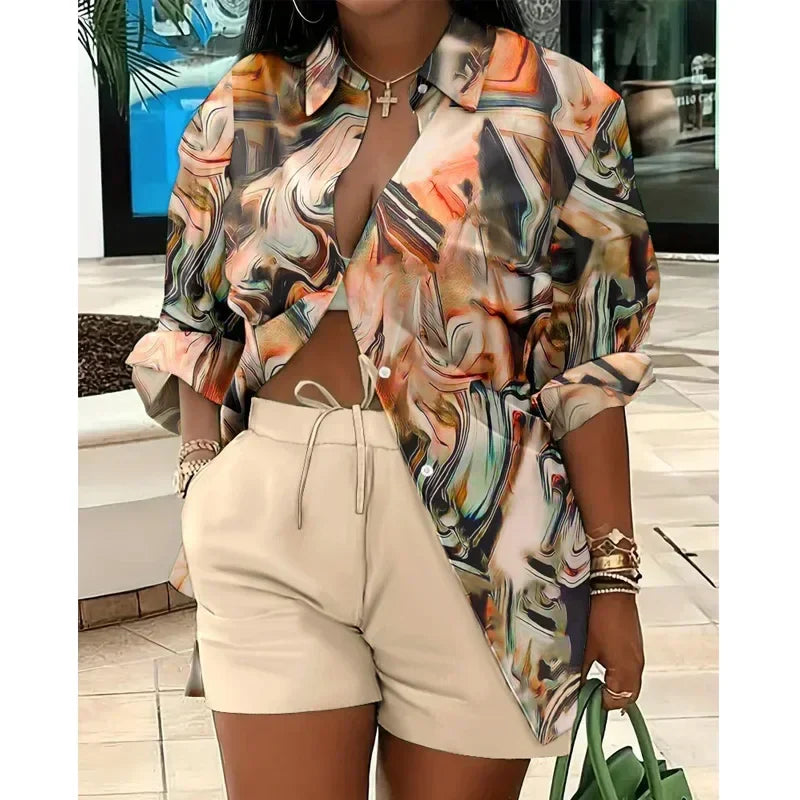 Women’s Colorful Striped Two-Piece Set – Casual Summer Button-Up Long Sleeve Shirt & Shorts Outfit