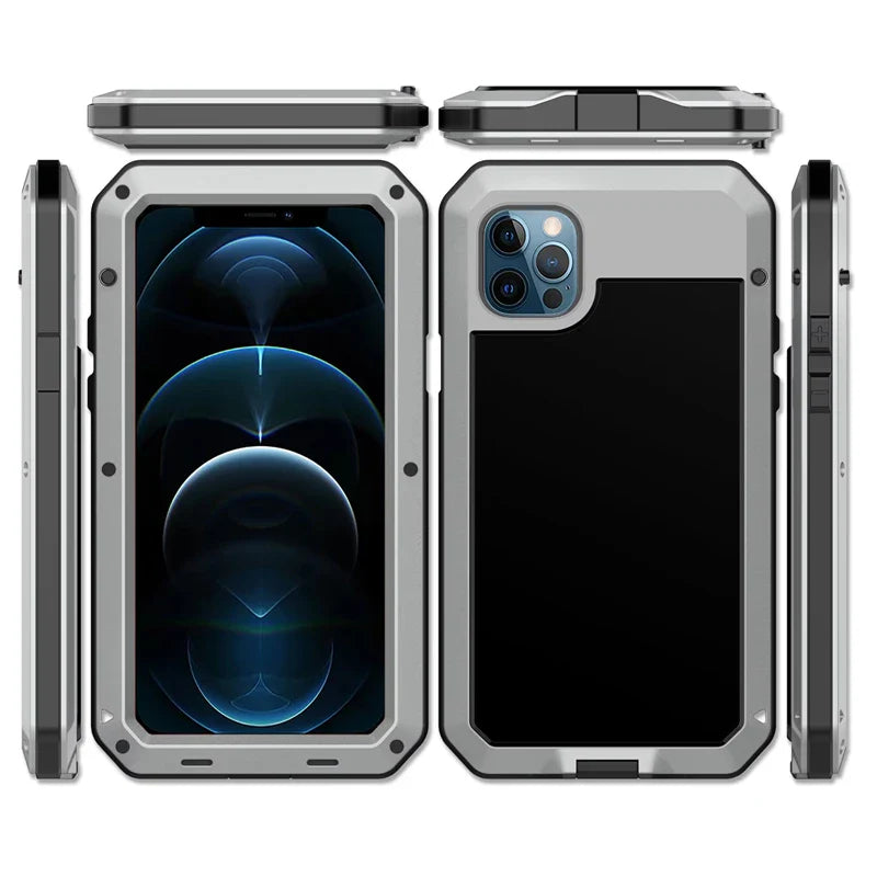 Heavy Armor Metal Rugged Case for iPhone 16/15/14/13/12/11 Pro Max/XR/XS/8 Plus – Shockproof Premium Cover with Gorilla Screen Protector