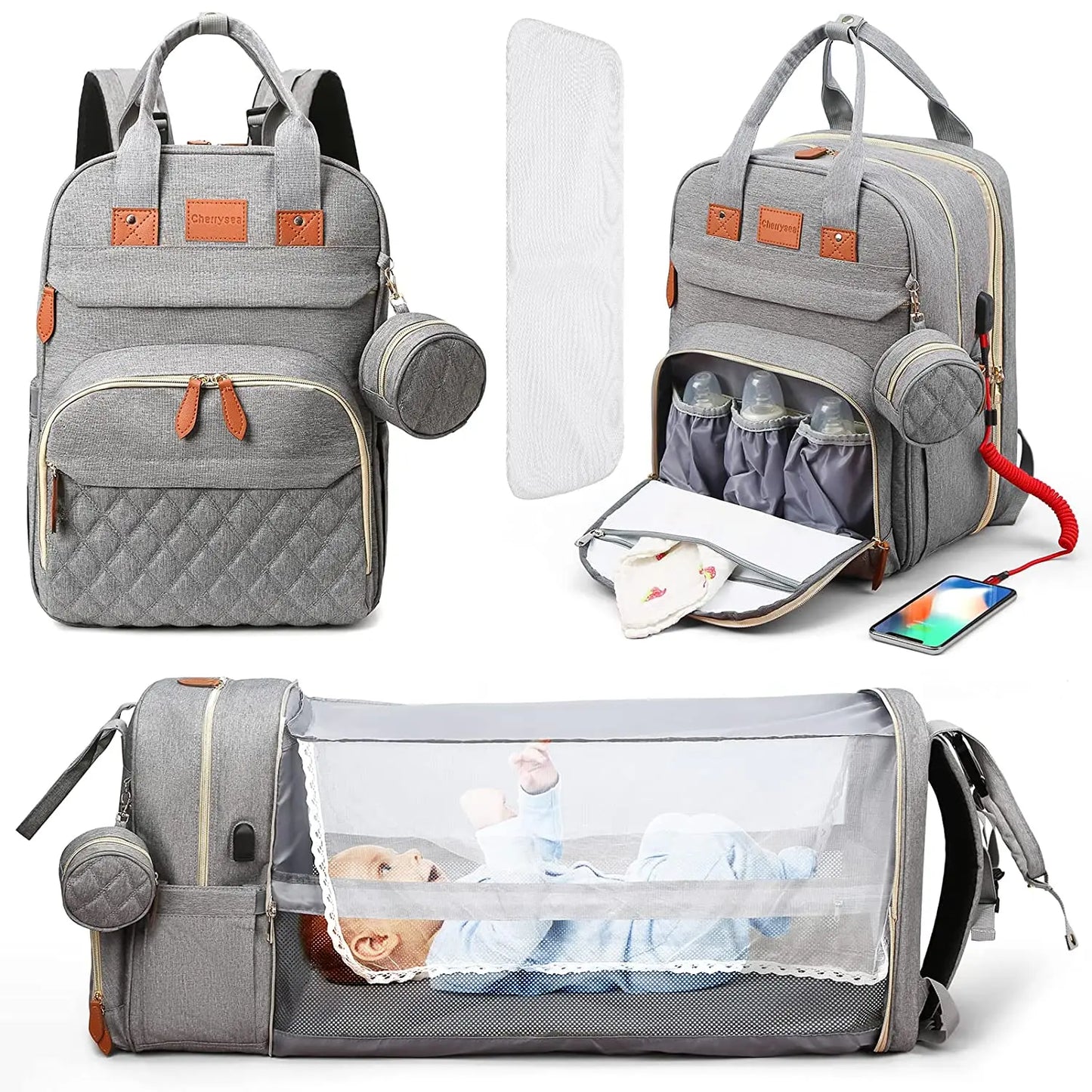 3-in-1 Diaper Bag Backpack – Waterproof Travel Bag with Foldable Baby Bed & USB Charging