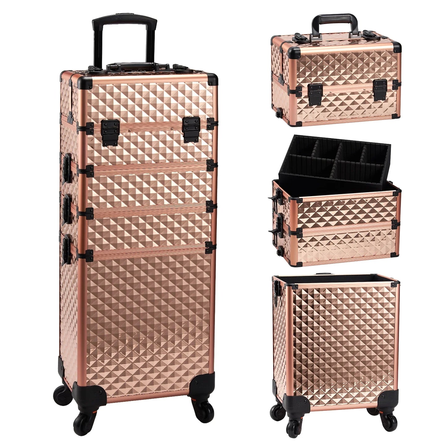 Makeup Trolley Case 4-in-1 — Detachable Alloy Train Briefcase with Wheels, Lockable Large Capacity Storage for Nail Manicure Salon