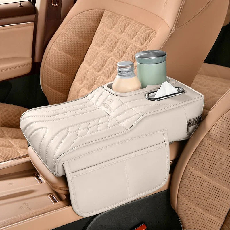 Car Center Console Armrest Box Pad Elevator Cushion – Storage Organizer with Tissue Holder, Cup Slot & Elbow Rest Interior Decor