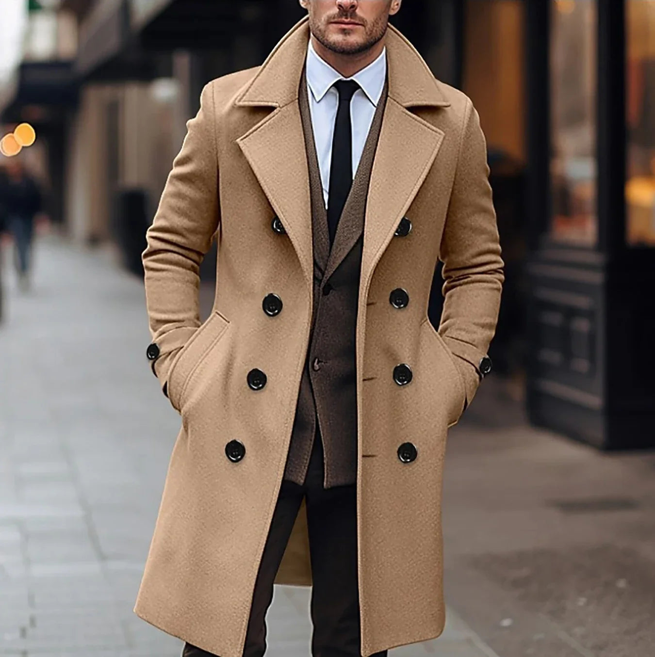 Men's Autumn & Winter Double-Breasted Casual Top Coat – Fashionable Mid-Length Coat for Men