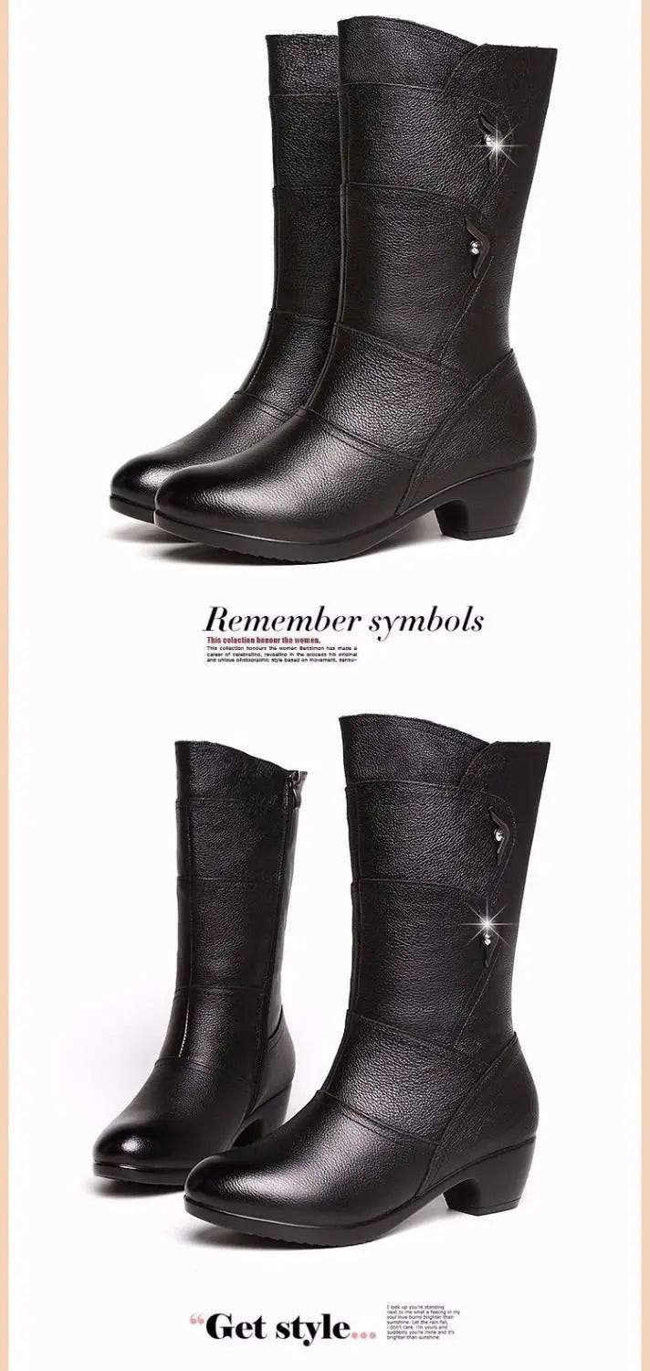 2024 Women’s Fashion Mid-Calf Boots – Waterproof Leather, Anti-Slip Zipper Winter Footwear