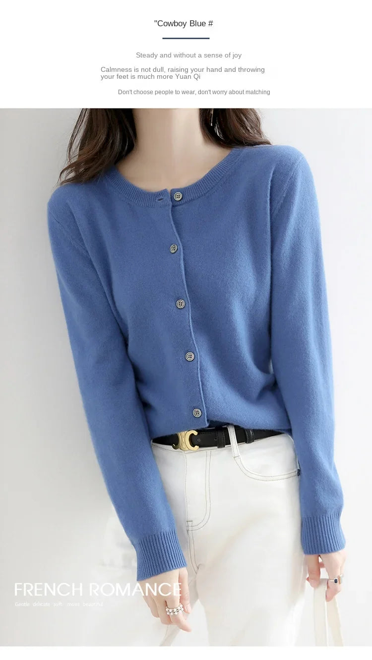 Women’s Solid Color Knit Cardigan - Spring Autumn Round Neck Worsted Sweater ZD-021
