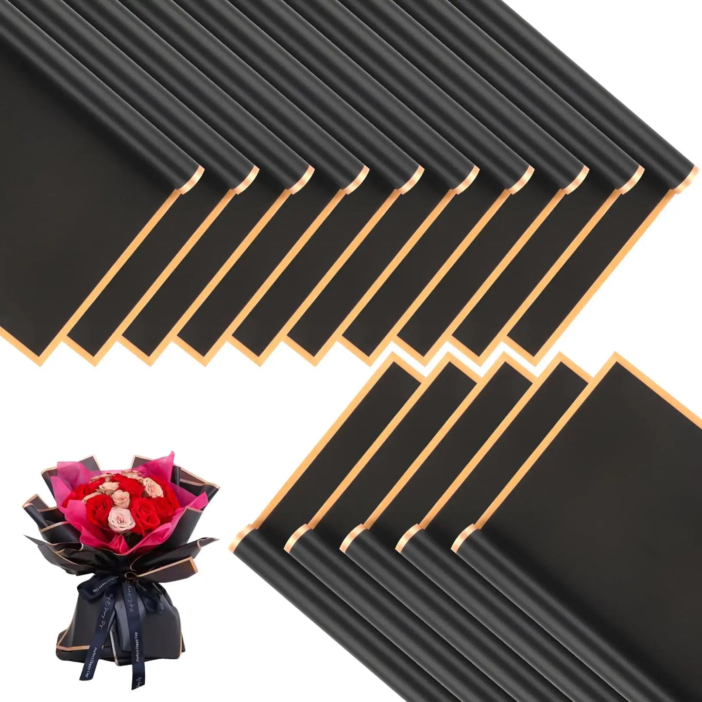 20 Sheets Matte Black Flower Wrapping Paper with Gold Edges – Waterproof Gift Wrap for DIY Wedding & Birthday Presents