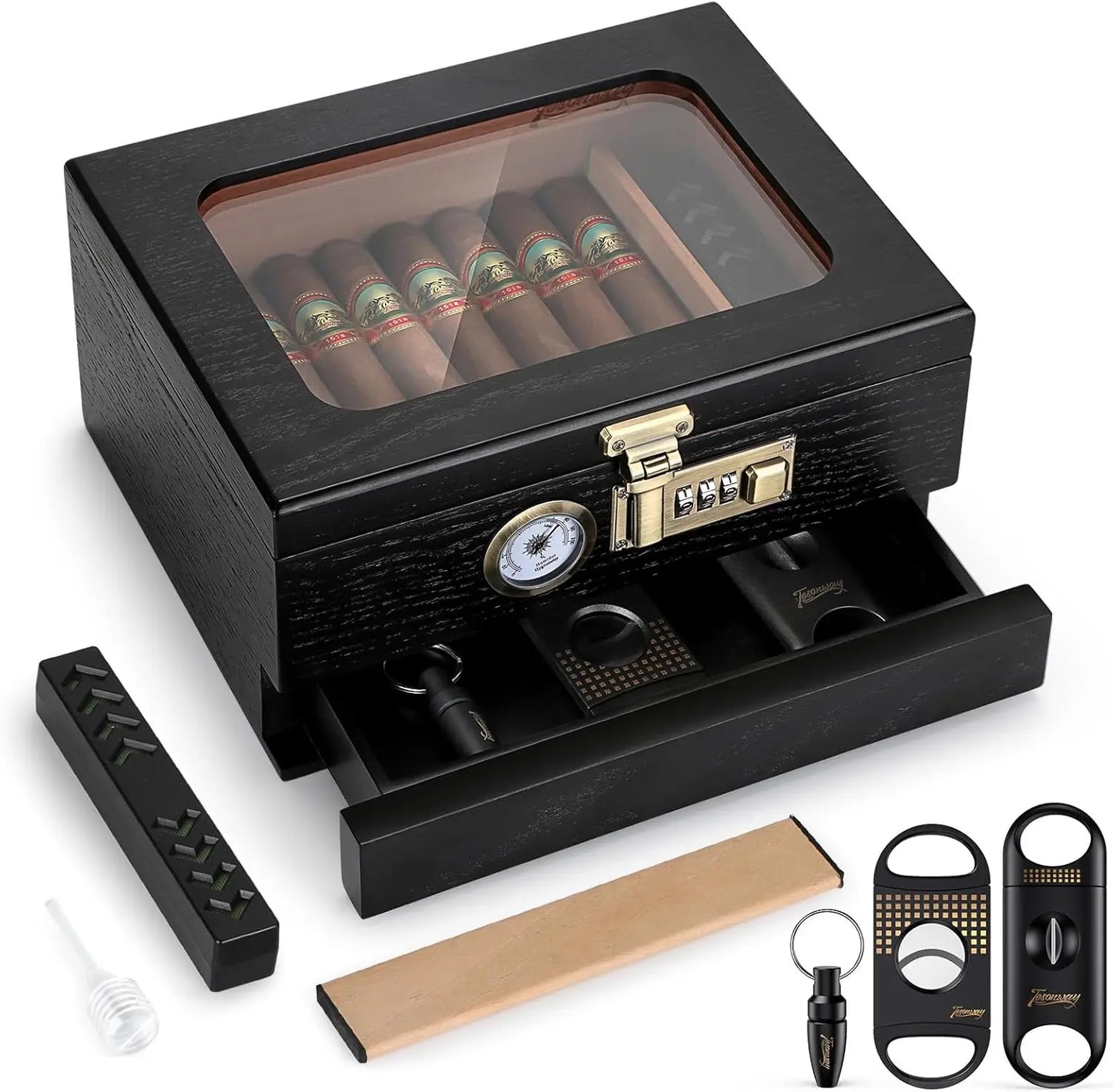 Cedar Wood Cigar Humidor – Glass Top Desktop Cigar Box with Front Hygrometer, Humidifier, Divider, and Accessories Drawer