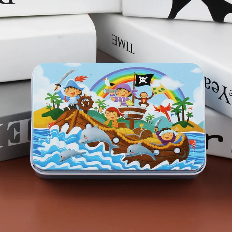 60PCS Cartoon Jigsaw Puzzle with Metal Box – Kids Educational Animal & Vehicle Puzzle Game