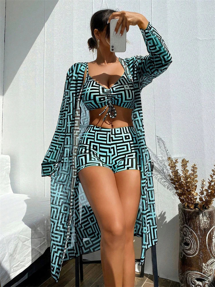 2026 Women’s Bikini Set – Lattice Sling Top with Sexy Boxer Shorts, Long Sleeve Summer Swimwear, Beach Bathing Suit