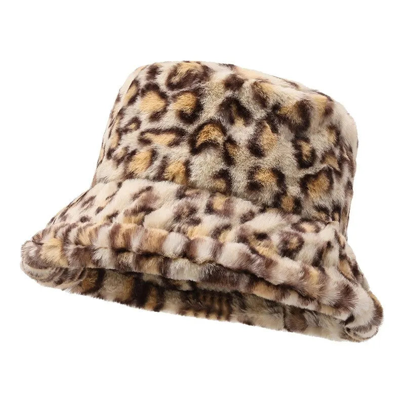 Women’s Winter Leopard Print Fisherman Hat – Versatile Plush Bucket Hat, Warm Pot-Style Headwear
