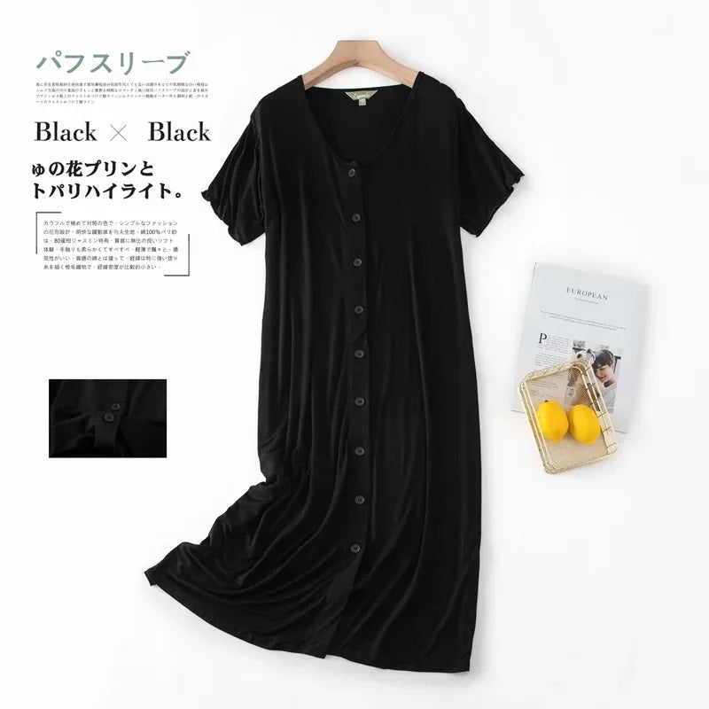 Women’s Modal Short-Sleeve Night Dress – Mid-Length Cotton Sleep Top with Buttons, Plus Size Pajamas