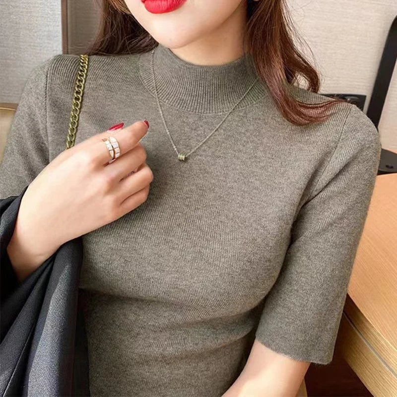 Women's Solid Color Knit Sweater – Stand Collar, Half Sleeve, Slim Fit, Soft High-Elastic Top for Autumn & Spring