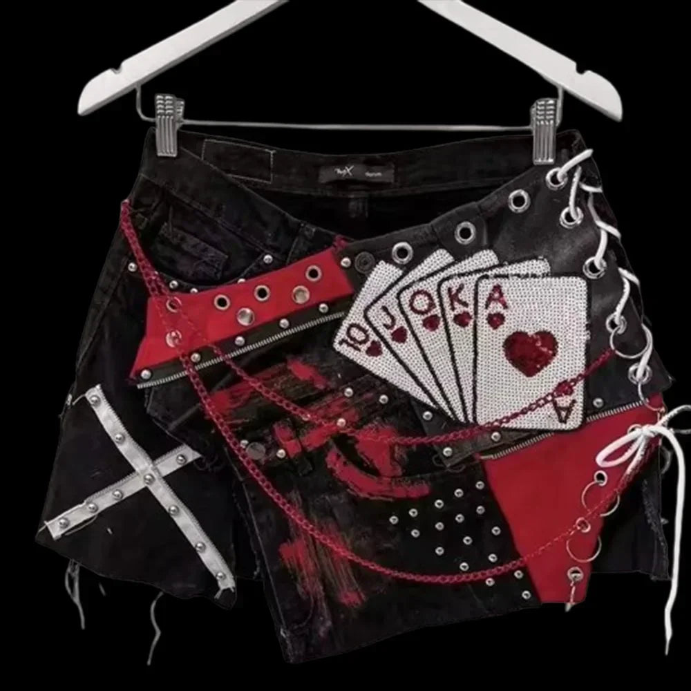 Gothic Y2K Black Denim Shorts — Women's High Waist Slim Fit Baggy Shorts with Buddha Embroidery