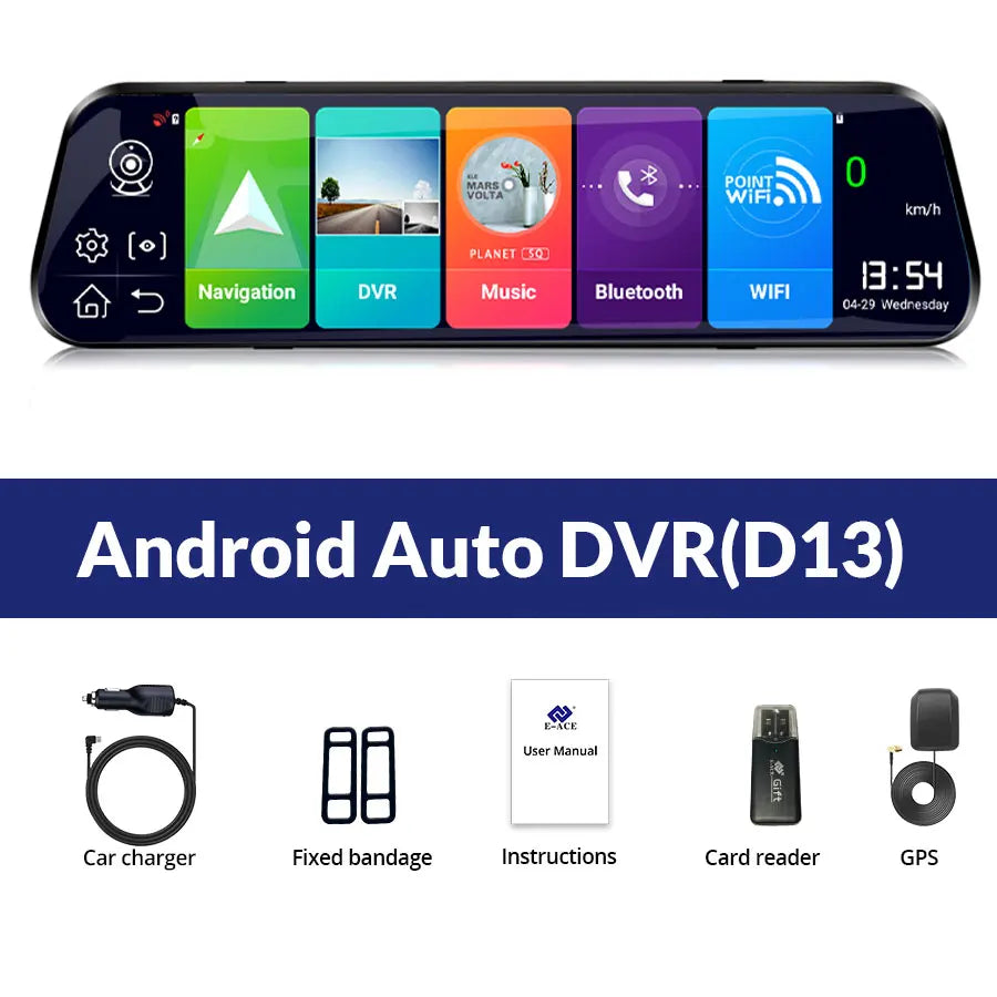 E-ACE 10'' 4G Android Dash Cam – FHD 1080P Dual Lens Rearview Mirror DVR with ADAS & Streaming