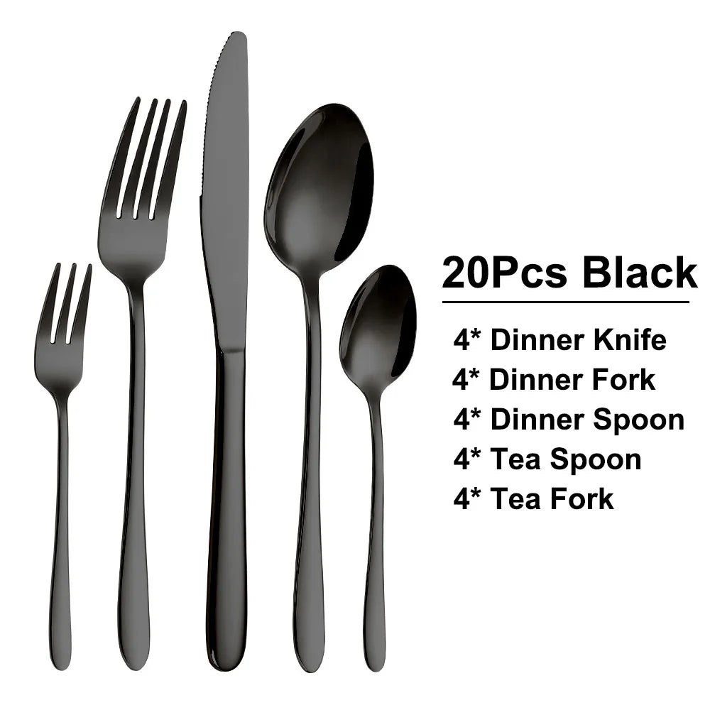 30/35/40-Piece Western Tableware Set – Elegant Black Stainless Steel Cutlery with Mirror Finish, Knife, Fork, Spoon for Kitchen and Dining