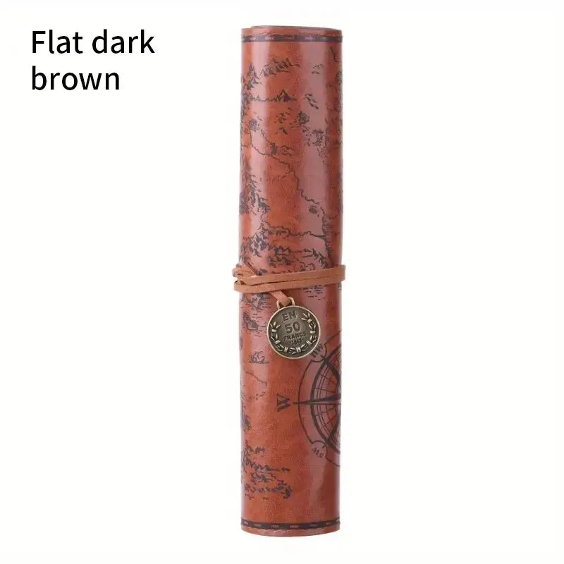 Creative Treasure Map Leather Pencil Case – Large Capacity Roll-Up Pencil Bag with Embossed Buckle, Retro Stationery Organizer