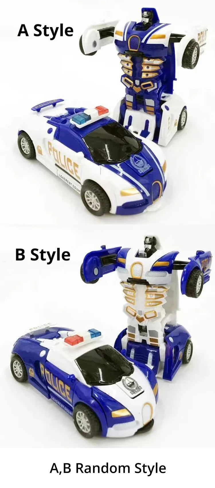 Blue Children's Police Car Toy – One-Button Deformation Car, Inertia Impact for Boys