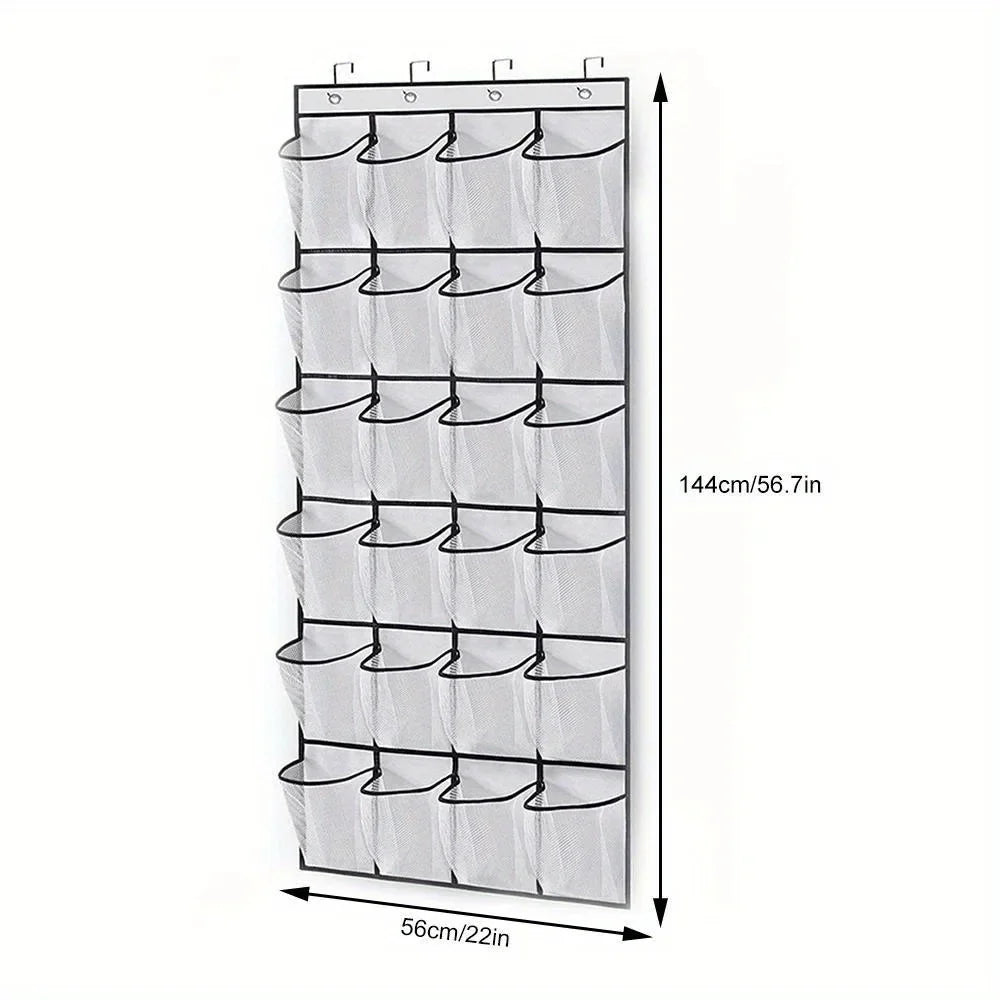 24-Grid Wall-Mounted Shoe Organizer – Fabric Closet Storage Rack with Mesh Pockets, Clear Hanging Over-the-Door Cloth Bag