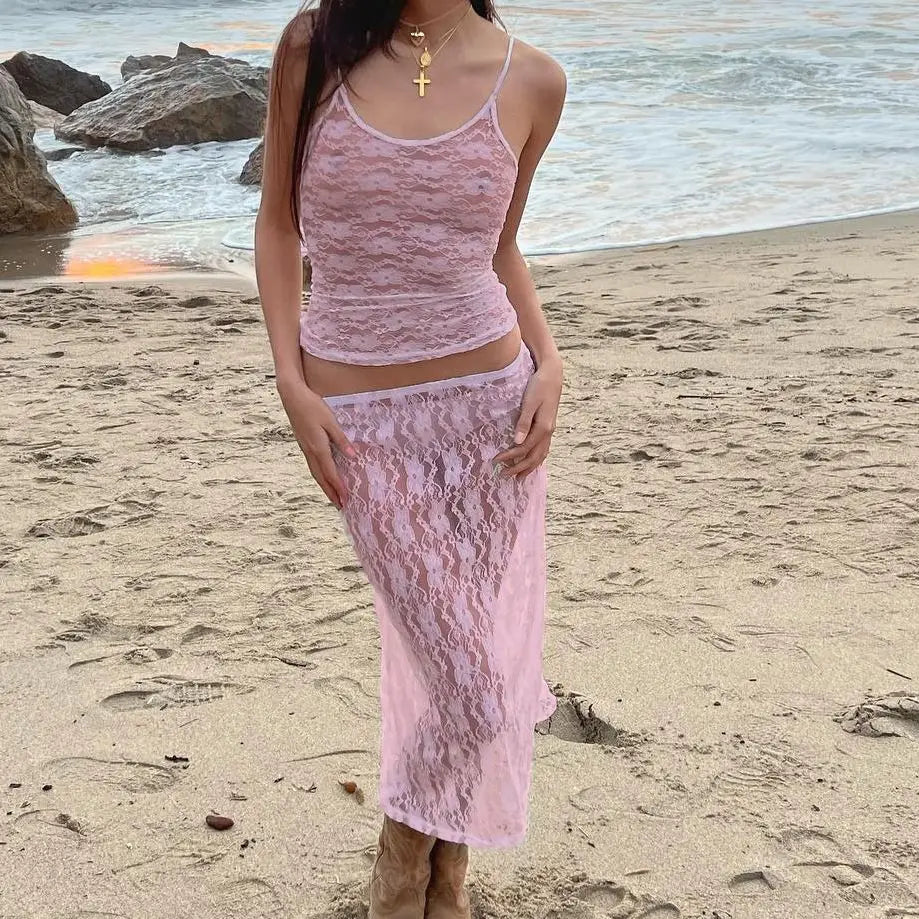 Women Y2K 2-Piece Skirt Set – Lace Flower See-Through Sleeveless Camisole & Wrapped Midi Skirt Summer Beach Outfit Suit