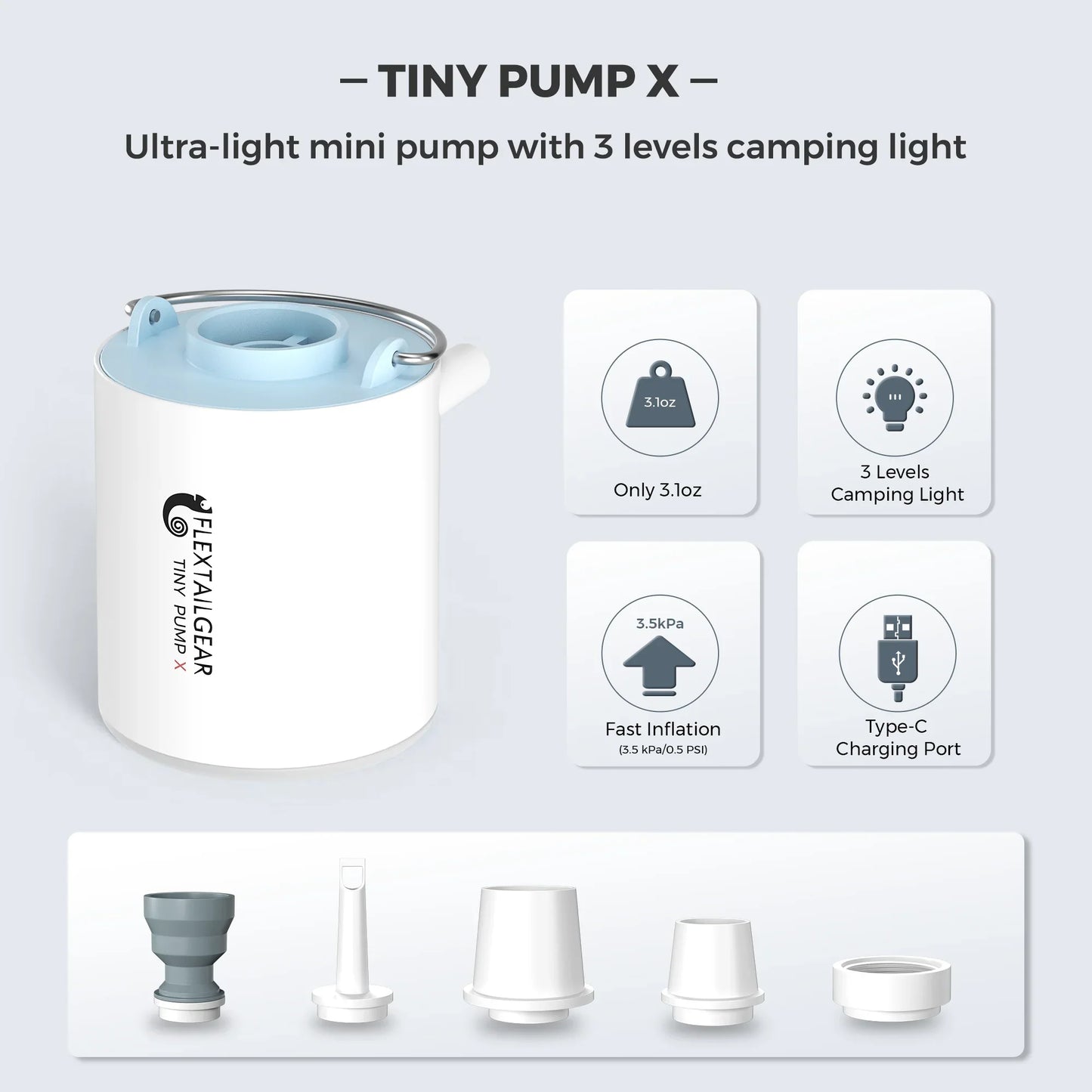 FLEXTAILGEAR Tiny Pump X – Portable Rechargeable Camping Air Pump with 1300mAh Battery for Pool Floats, Air Mattresses & Vacuum Bags