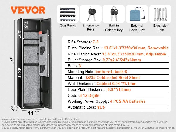 SucceBuy 3-8 Gun Safe – Digital Keypad Lock Cabinet with Removable Shelf for Rifles & Pistols