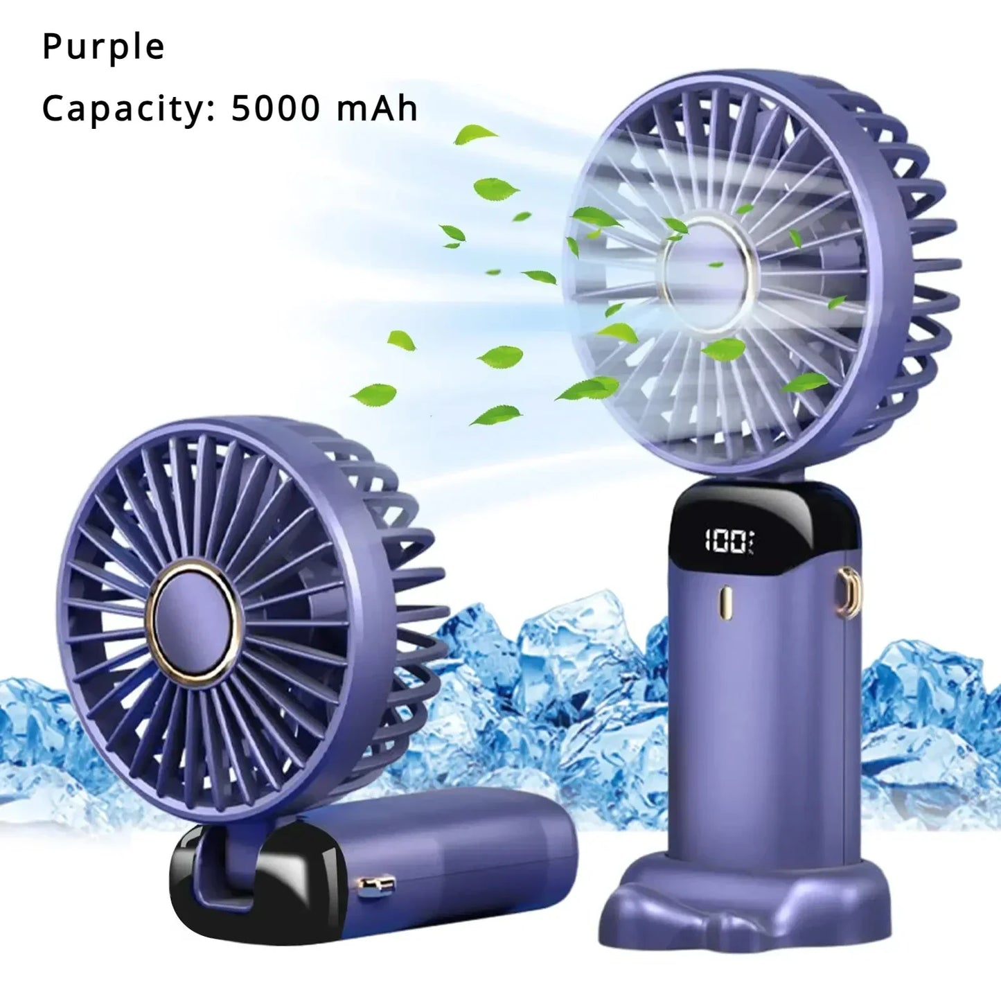 5000mAh Handheld Mini Fan – Wireless USB Rechargeable Portable Fan with Digital Display, Phone Holder, 5-Speed Foldable Neck Hanging Fan
