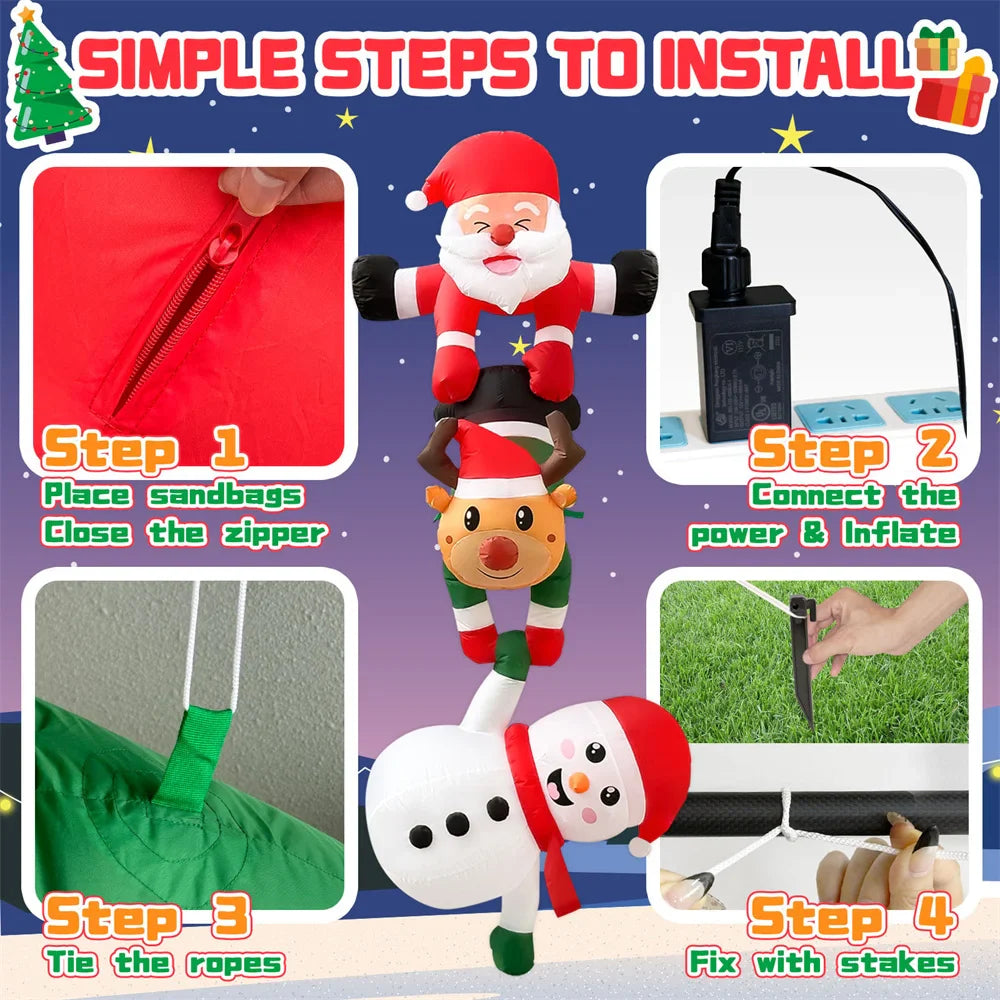 2.4M Inflatable Christmas Climbing Santa Claus – With Reindeer & Snowman, Built-in LED for Outdoor Roof, Tree, and Yard Party Decor
