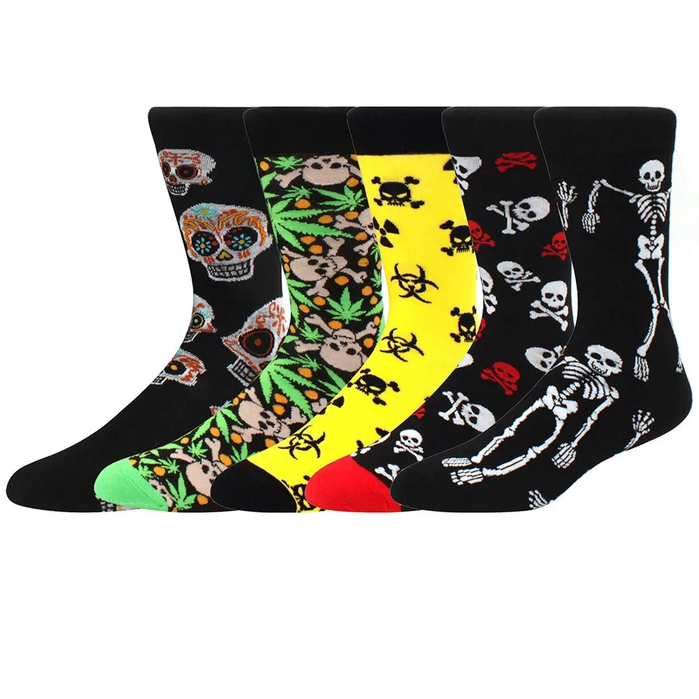 5-Pair Combed Cotton Novelty Crew Socks - Funny Skateboard Casual Socks for Men & Women