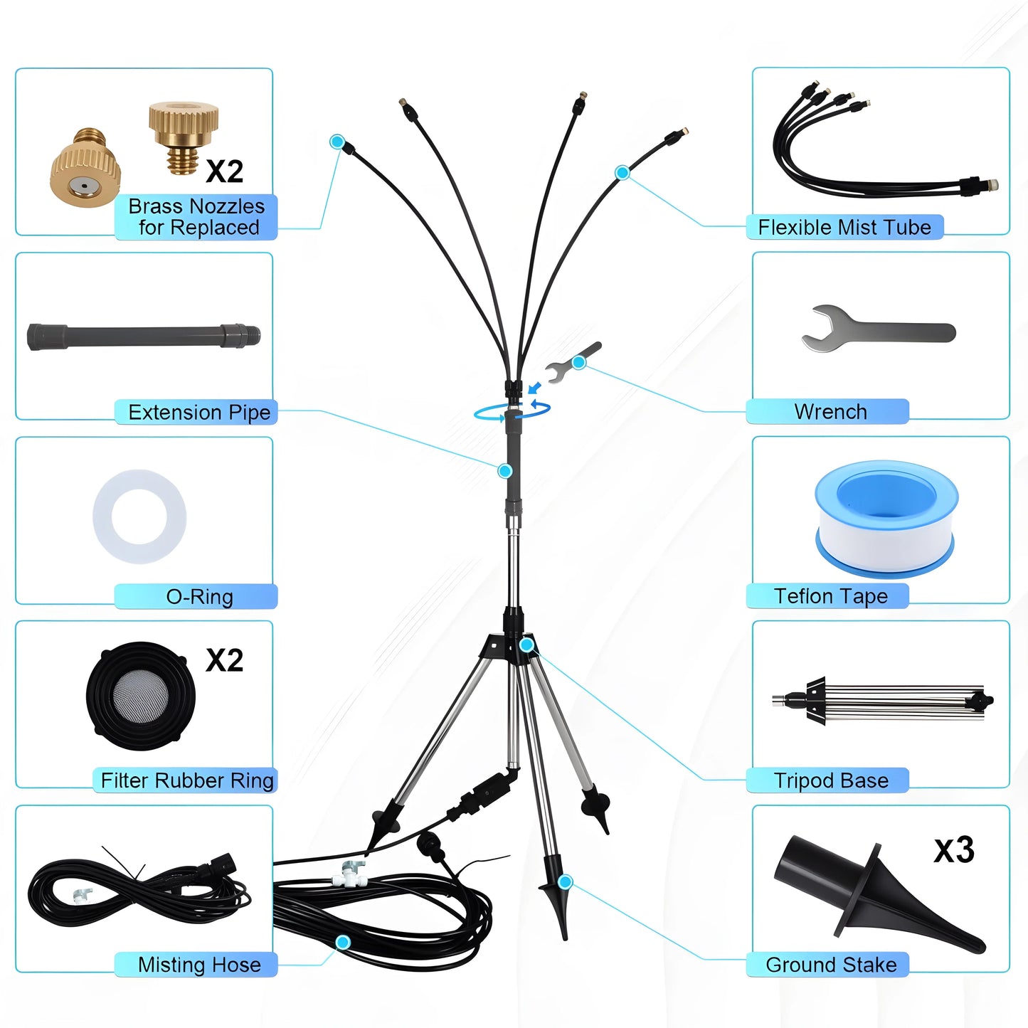 Outdoor Standing Misting System for Patio – Adjustable Height 3.2–4.1FT with Filter, 26.5FT Portable Water Mister Line for Cooling Garden & Yard