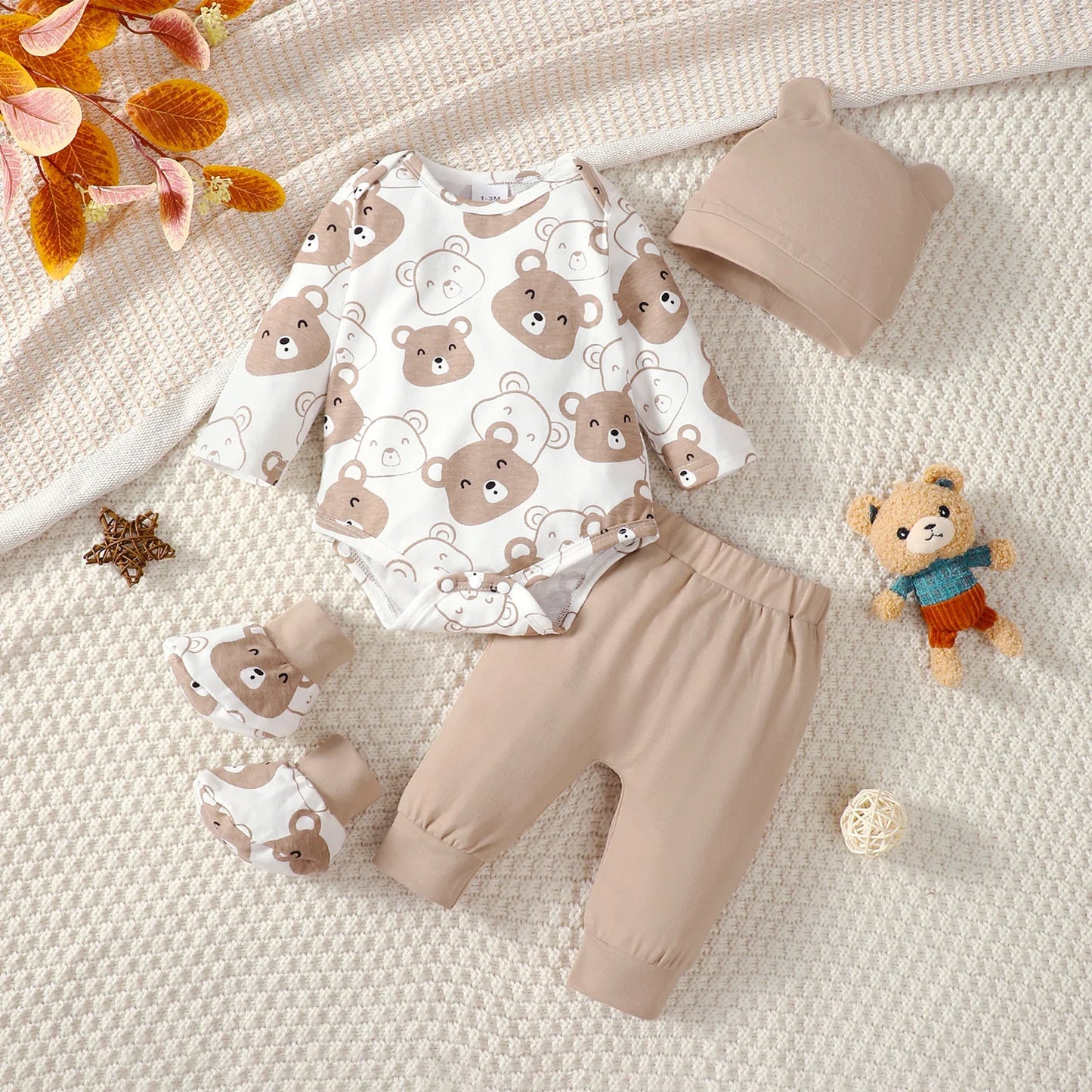0-9 Months Baby Boy Set – Little Bear Long Sleeve Bodysuit, Pants, Hat & Socks for Spring & Autumn Newborns