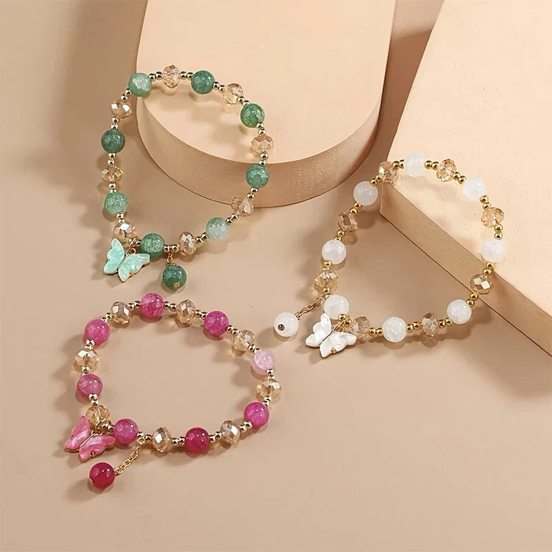 Purple Butterfly Charm Bead Stretch Bracelets – Multi-Color Crack Faceted Beads, Cute Jewelry Gift for Women & Girls
