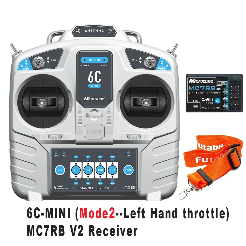 MicroZone MC6C-Mini V2 2.4G 6CH RC Controller — MC7RB Receiver for Fixed-Wing, Car, Boat & Airplane Toys