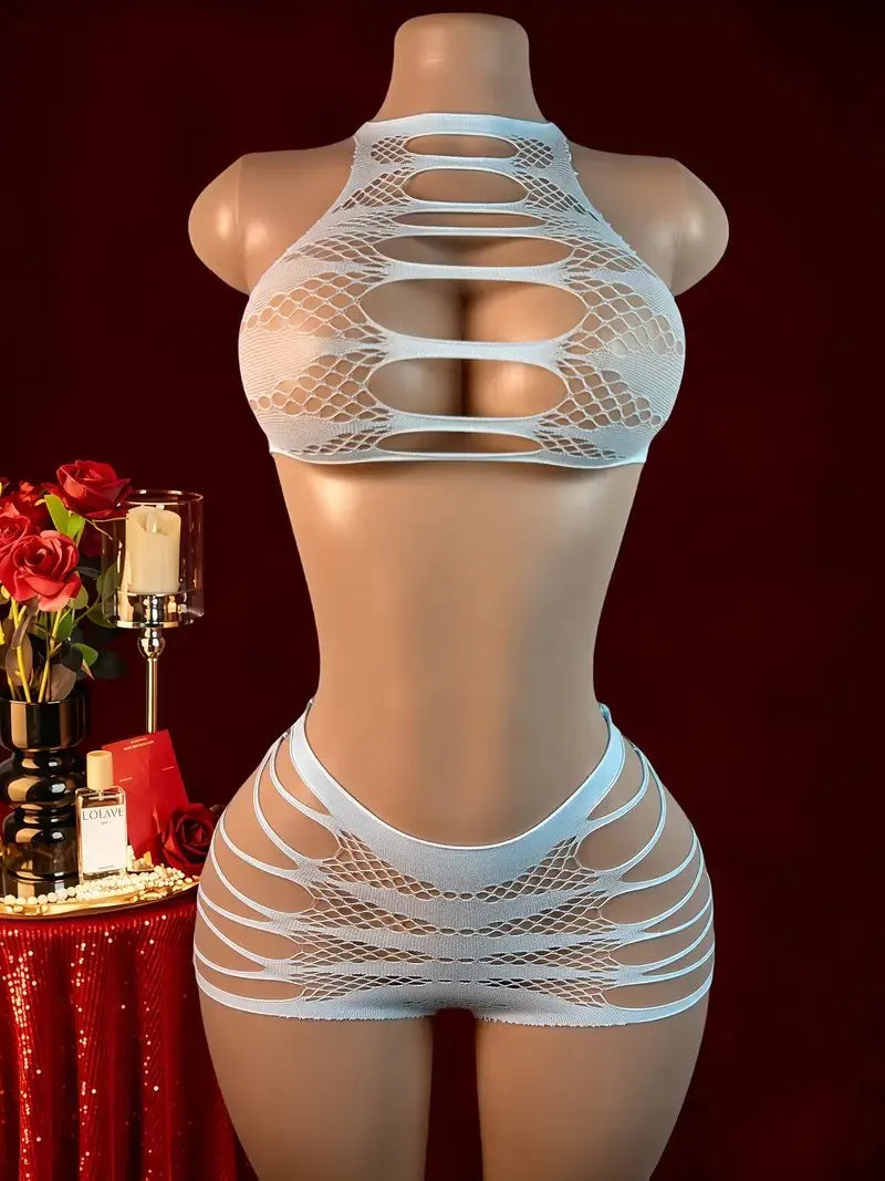 Sexy Fishnet Lingerie Bodysuit - Transparent Mesh Hollow Body Suit with Matching Panties