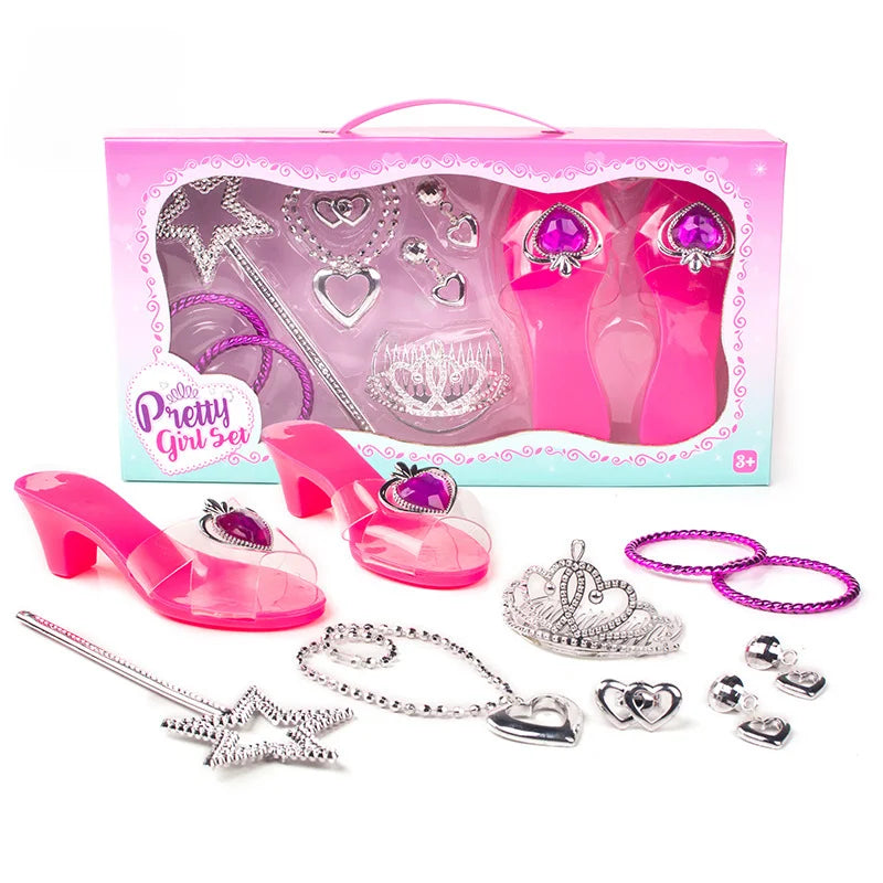 Girls Princess Jewelry Toy Set – Crystal Shoes, Necklace, Crown, Earrings & Bracelet for Role Play
