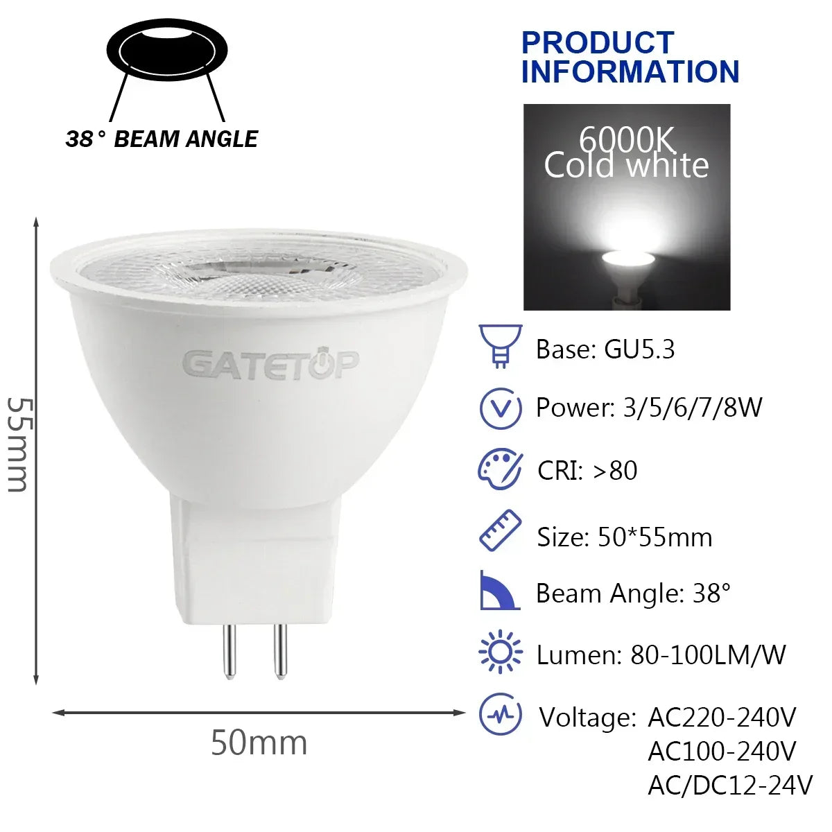10PCS MR16 GU5.3 LED Bulb – Full Voltage AC/DC 12V–220V Spotlight, Flicker-Free White Light for Home, Study & Indoor Lighting