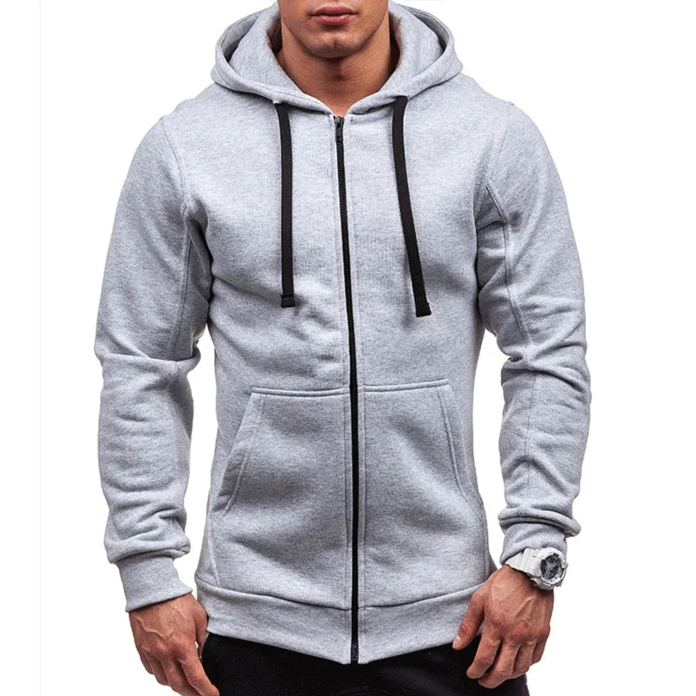 Men’s Casual Zip Hoodie – Solid Color Hooded Sweatshirt Jacket Cardigan for Spring & Autumn