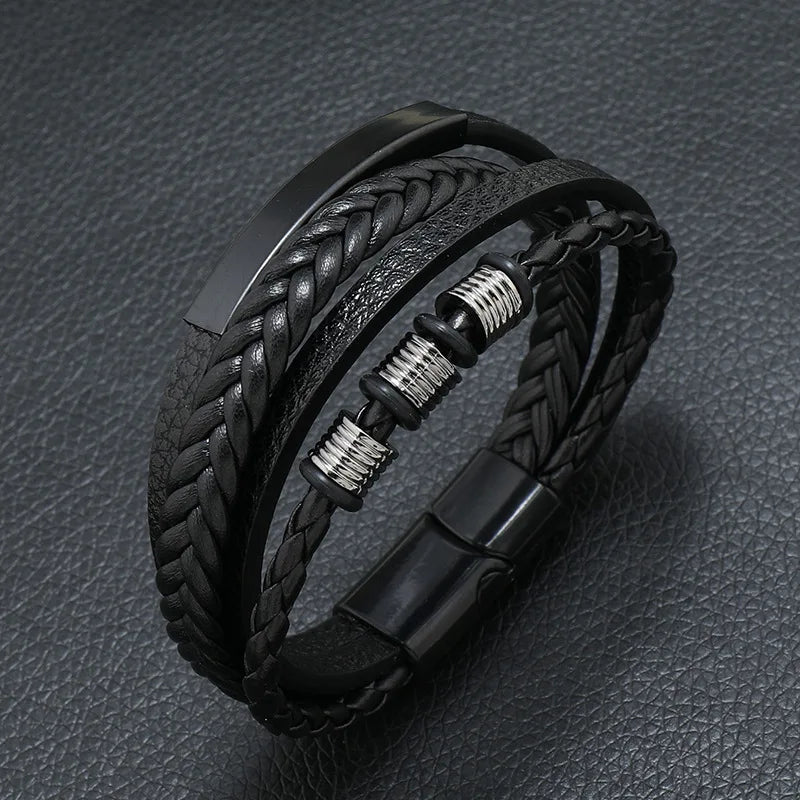 Fashion Men’s Multi-Layer Braided Leather Bracelet – Scripture, Compass & Evil Eye Design