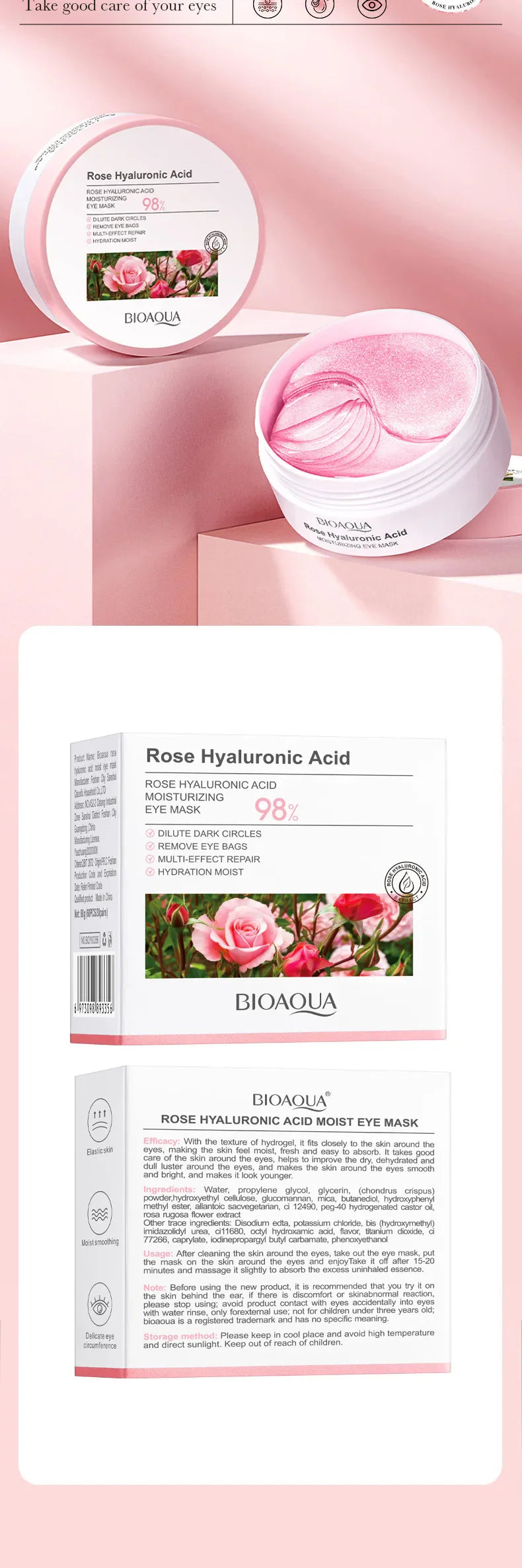 60PCS BIOAQUA Rose Hyaluronic Acid Eye Masks – Anti-Dark Circles, Eye Bags, Moisturizing & Firming Skincare Patches