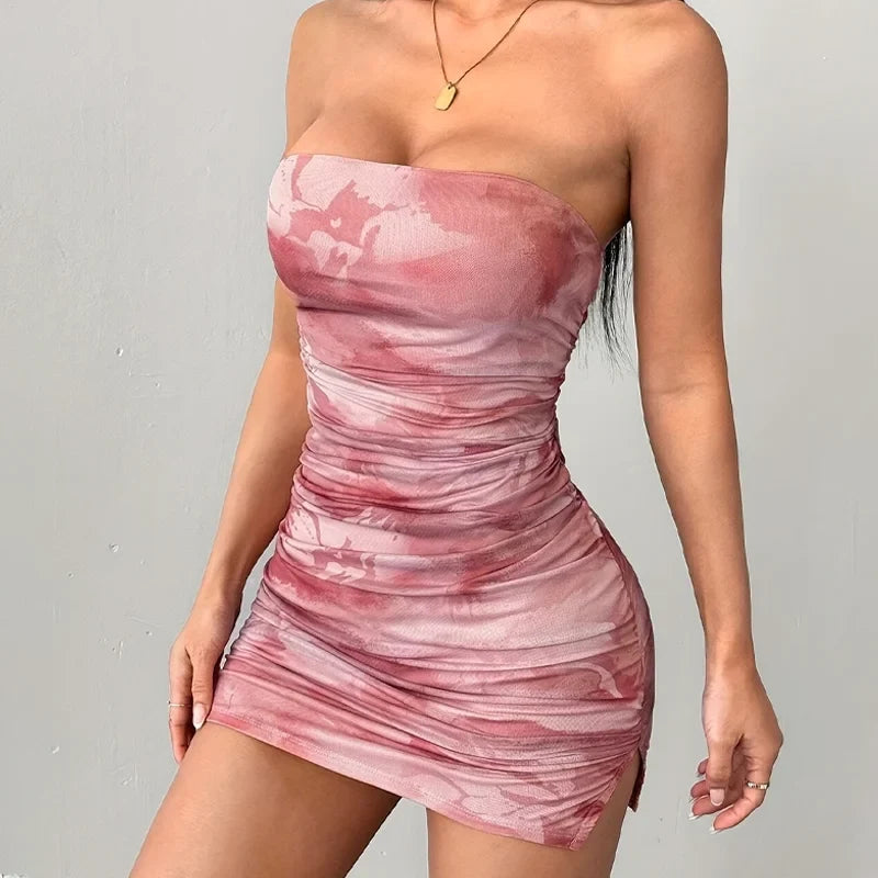 Women’s Y2K Print Mini Dress - Spaghetti Strap Off Shoulder Sleeveless Summer Party Dress