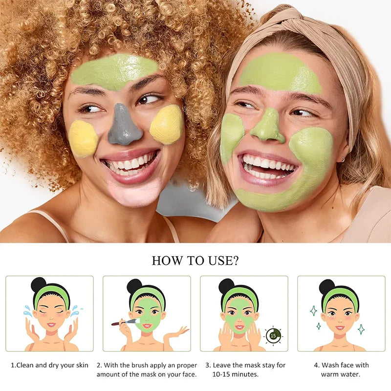 4pcs Clay Facial Mask Set — Turmeric, Vitamin C, Green Tea & Rose Clay for Deep Cleansing, Moisturizing & Pore Refining (320g)