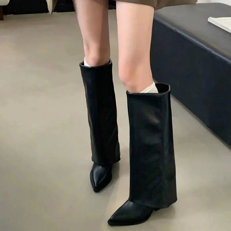 Khaki Wide Knee-High Women’s Boots – Pointed Toe Winter Shoes with Low Dwarf Heel