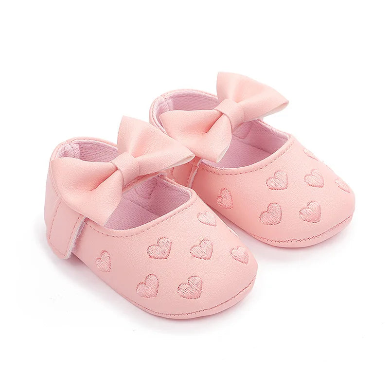 Baby Girls Bow-Knot Heart First Walker Shoes - Soft Anti-Slip Sole Dress Shoes for Infants 0-18M