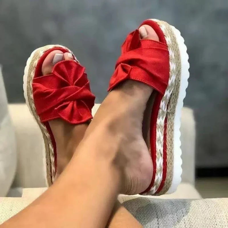 Women's Bowknot Woven Wedge Sandals - Comfortable Non-Slip Summer Beach Shoes