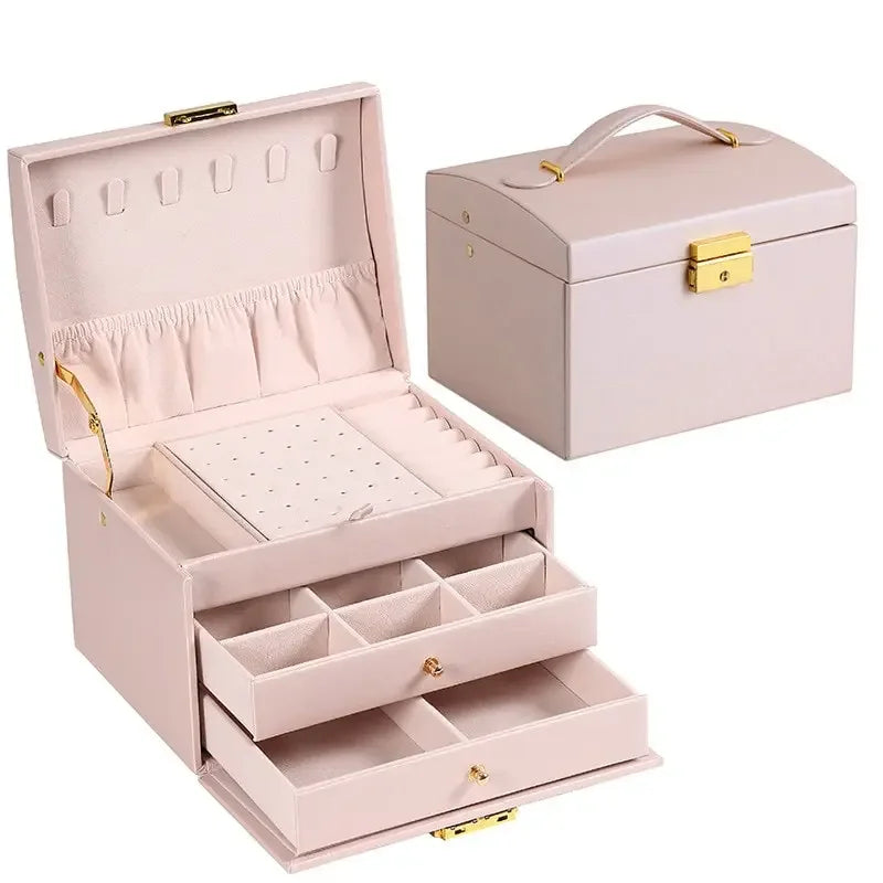 Multi-Functional Three-Layer Leather Jewelry Box – Drawer Style Organizer with Lock for Earrings
