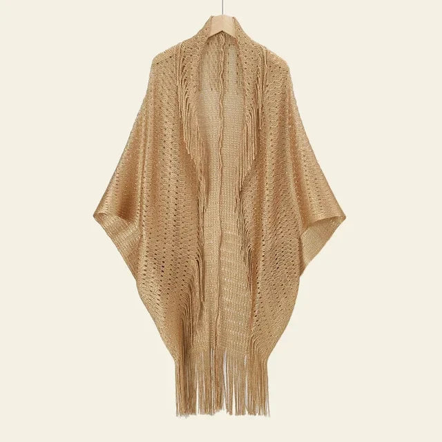 Evening Lace Sheer Shawl Scarf – Hollow Tassel Glitter Gold & Silver Thread Thin Long Sunscreen Wrap for Women Party Dresses
