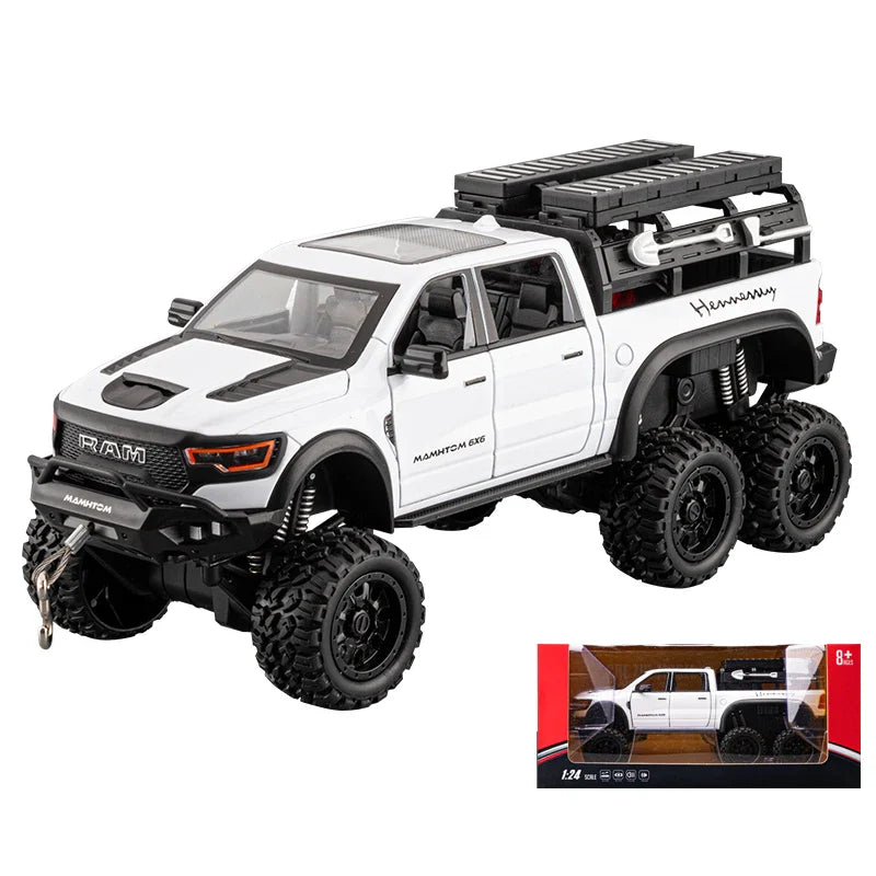 1:24 Dodge Mammoth RAM 1000 TRX 6x6 Diecast Model – Metal Alloy Pickup Toy Car with Lights for Kids & Collectors
