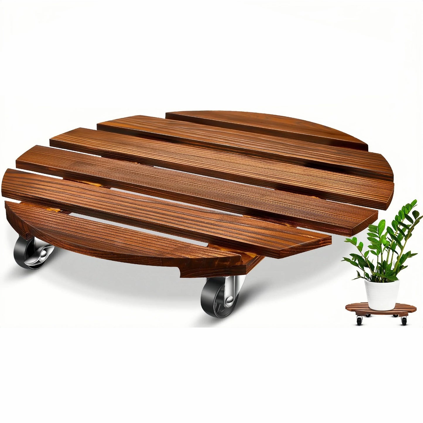 Wooden Plant Caddy Stand - Heavy Duty Rolling Plant Dolly with Lockable Wheels for Indoor & Outdoor Pots