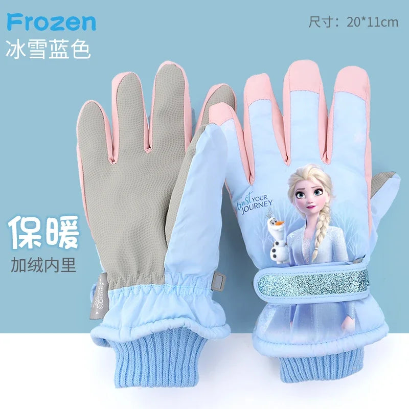 Hasbro Princess Elsa Finger Ski Gloves - Cute Kawaii Velvet, Thickened & Waterproof Gloves for Girls, Warm Winter Kids Gloves
